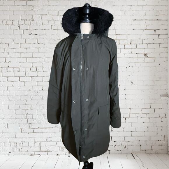 Bass Parka Puffer Jacket Sz XL Womens Olive Down Quilted Black Faux Fur Hood - Picture 3 of 12